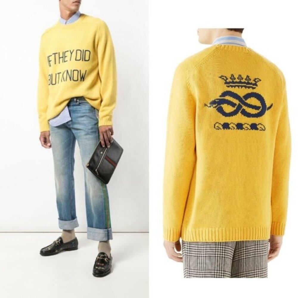 Gucci “If They Did” GG Logo Yellow Wool Oversized Unisex Sweater Size M NWT - Picture 4 of 11